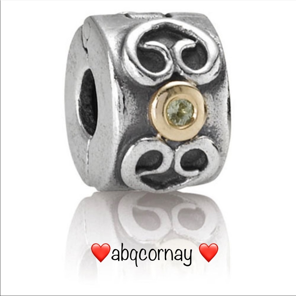 Pandora 790382PE Sterling Silver & 14k Yellow Gold Double Heart Peridot Clip EUC